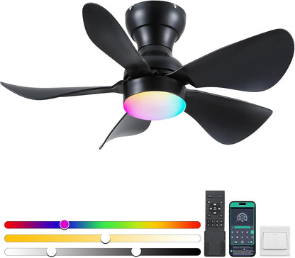 Modern Ceiling Fans with Lights Remote/APP Control, 29" Flush Mount Ceiling Fans with 3 CCT Dimmable Lights, Low Profile Ceiling Fans with 5 Propeller Blades LED Lights for Kids Room Bedroom, Brown - PuriLite