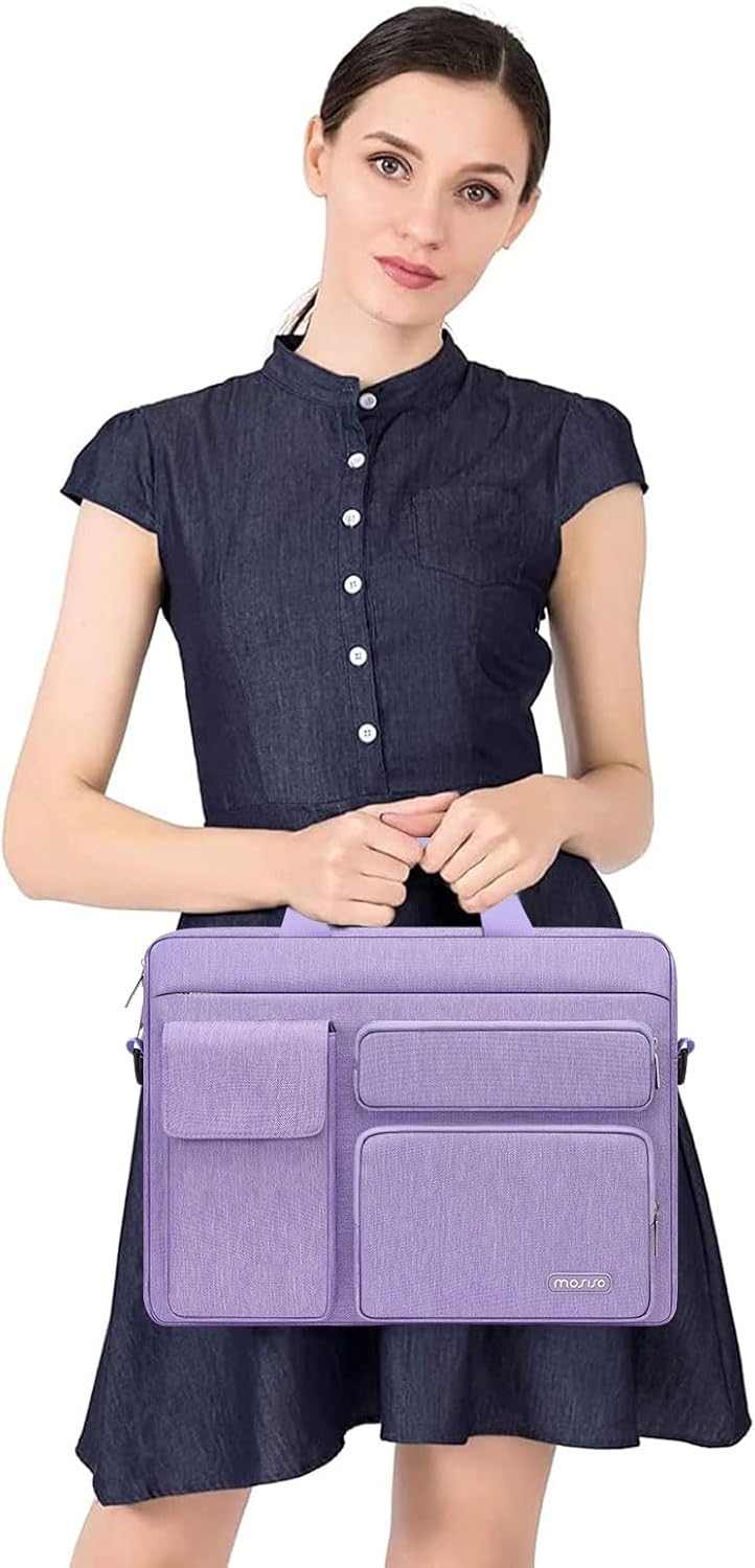 MOSISO Laptop Bag 16 inch, 15-15.6 inch Computer Shoulder Bag Compatible with MacBook Air 15 M4 M3 M2/Pro 16 M4 M3 M2 M1, Notebook &2 Raised&1 Flapover&1 Horizontal Pocket&Handle&Belt, Pink - PuriLite