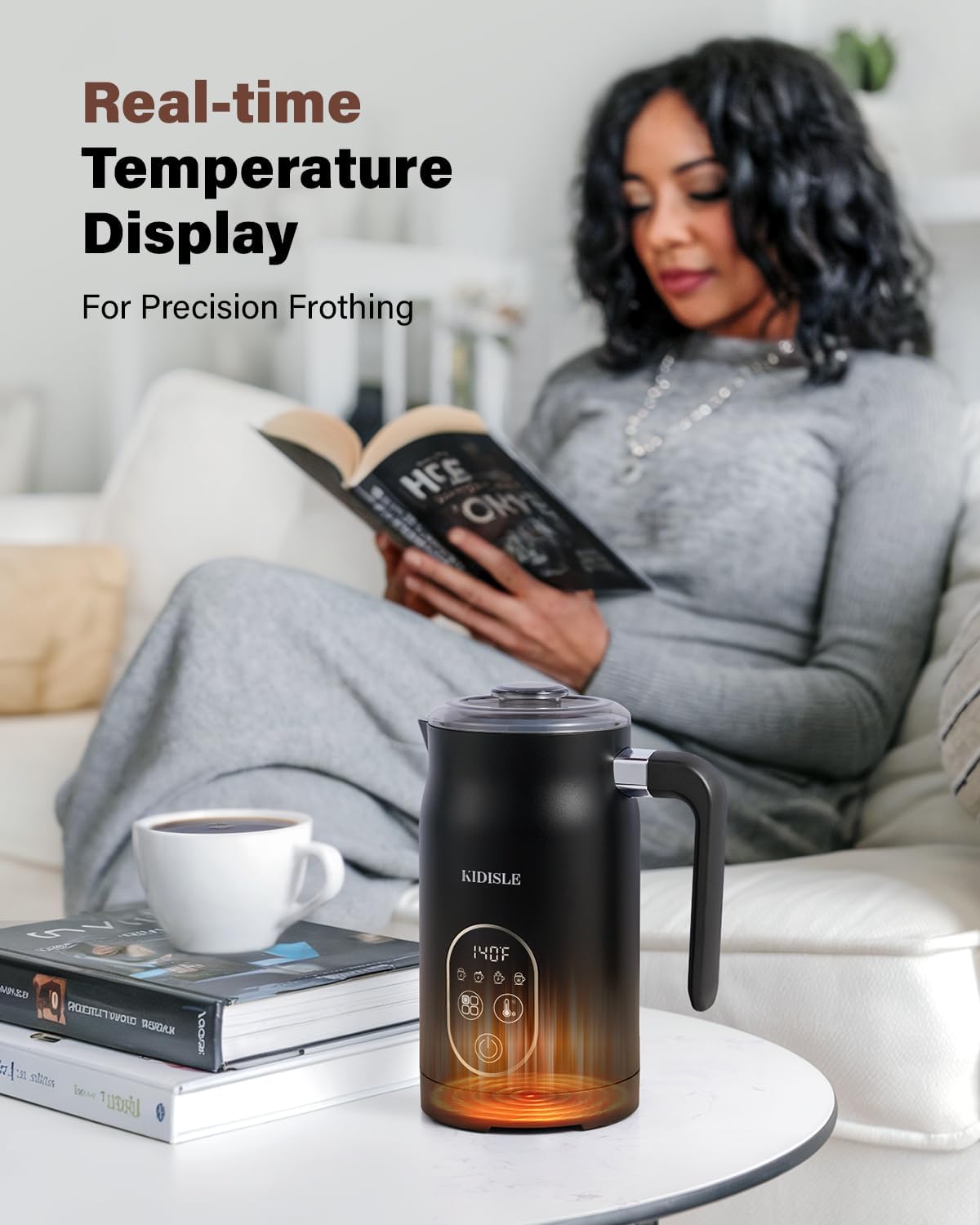 KIDISLE - 4 in 1 Electric Milk Frother with Automatic Temperature Control, Hot Cold Frothing Machine, Fast Foam Machine for Coffee, Latte, Hot Chocolate, Cappuccino, Macchiato,