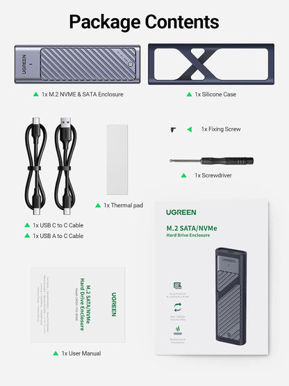 UGREEN M.2 NVMe SATA SSD Enclosure, USB 3.2 Gen2 10Gbps Enclosure for NVMe PCIe M-Key(M+B Key), SATA NGFF (M+B) Key, Support UASP Trim Smart for 2280 2260 2242 2230 with 2 Cables, Aluminum Heatsink