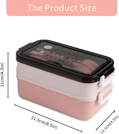 Bento Box, Lunch Box for Adult, Compact Bento Box Set- 2-Layer Stackable Lunch Box with Utensils, Leak-Proof and Durable Food Container for Work, Picnic, and Travel (Pink)