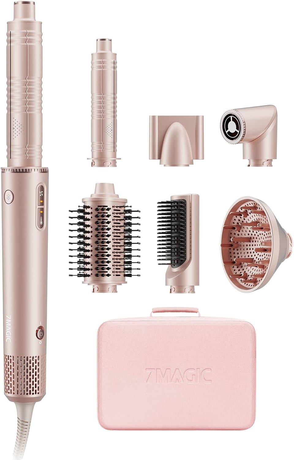 7MAGIC 7 in 1 Hair Styler & Hair Dryer Brush,110,000 RPM High-Speed Negative Ionic Hot Air Styler, 1400W Powerful Blow Dryer Brush & Multi-Style for Straight,Wavy, Curly, and Coily Hair, Pink