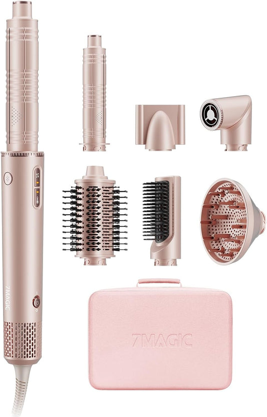 7MAGIC 7 in 1 Hair Styler & Hair Dryer Brush,110,000 RPM High-Speed Negative Ionic Hot Air Styler, 1400W Powerful Blow Dryer Brush & Multi-Style for Straight,Wavy, Curly, and Coily Hair, Pink