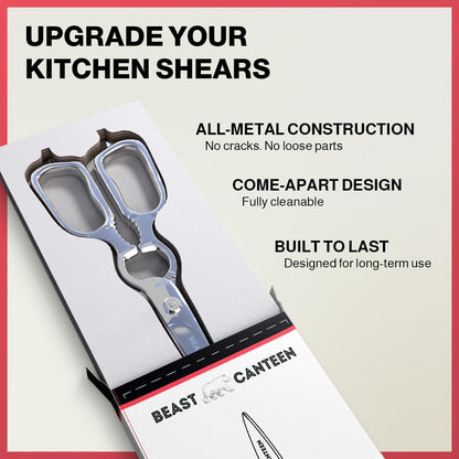 Kitchen Scissors – All Steel, Come-Apart, Dishwasher Safe | Heavy-duty 3Cr14 steel shears. Serrated edge cuts poultry, herbs & seafood. 5-in-1 multi-tool. Opens bottles & cans.