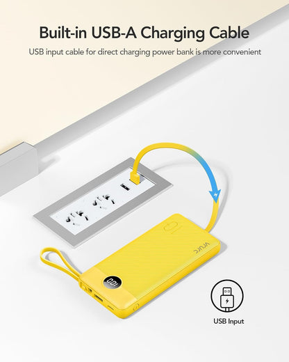 VRURC 10000mAh Power Bank Built-in Cables, Portable Charger with LED Display, Slim Intelligent Travel Battery Pack with Cords, 5 Output Dual Input Phone Charger for Cell Phone Smart Devcies-Blue