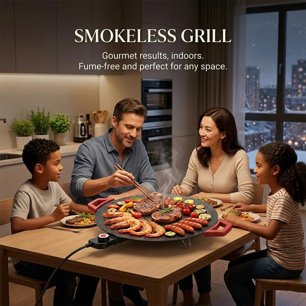 Smokeless Electric Indoor Grill | Nonstick Round Griddle with Adjustable Temperature Control