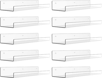 upsimples Clear Acrylic Shelves for Storage, 15" Floating Shelves Wall Mounted for Kids Bookshelf/Display Ledge for Bedroom, Living Room, Bathroom, Kitchen, Set of 4