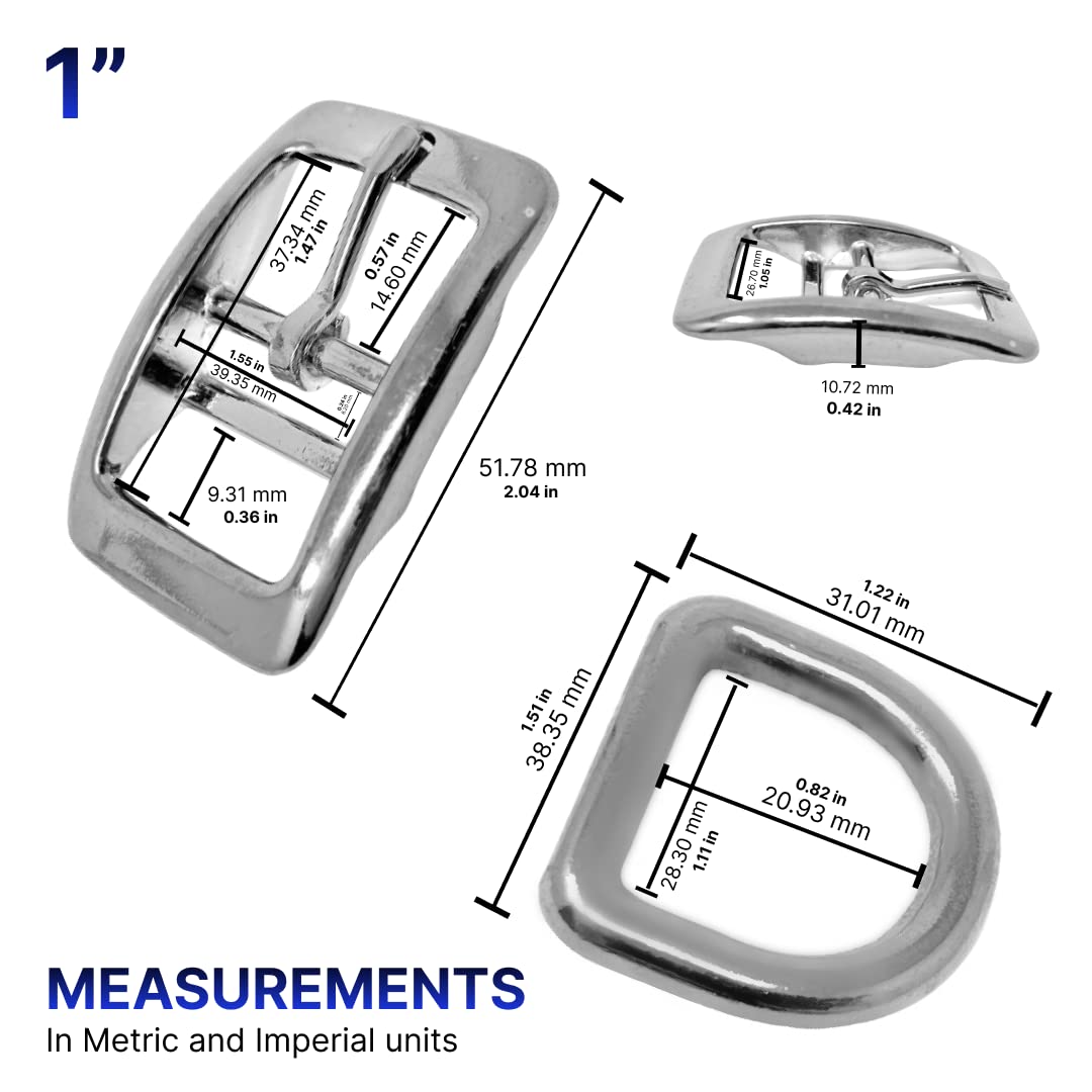 Regal Dog Products 1" Inch Double Bar Buckle and Matching D-Ring in Nickel Plated Hardware (6-pack)