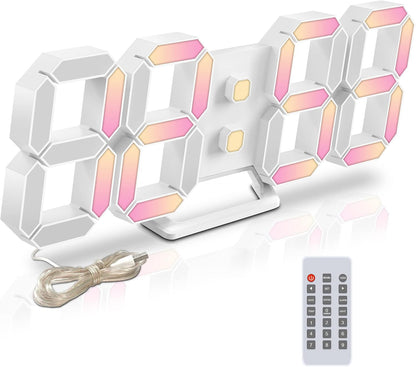 Deeyaple 3D LED Digital Wall Clock Modern Alarm Clock Adjust Brightness 12/24 Time Date Temperature Silent Snooze USB Night Light Remote Control Kitchen Bedroom Living Room Small 9.7 inch White