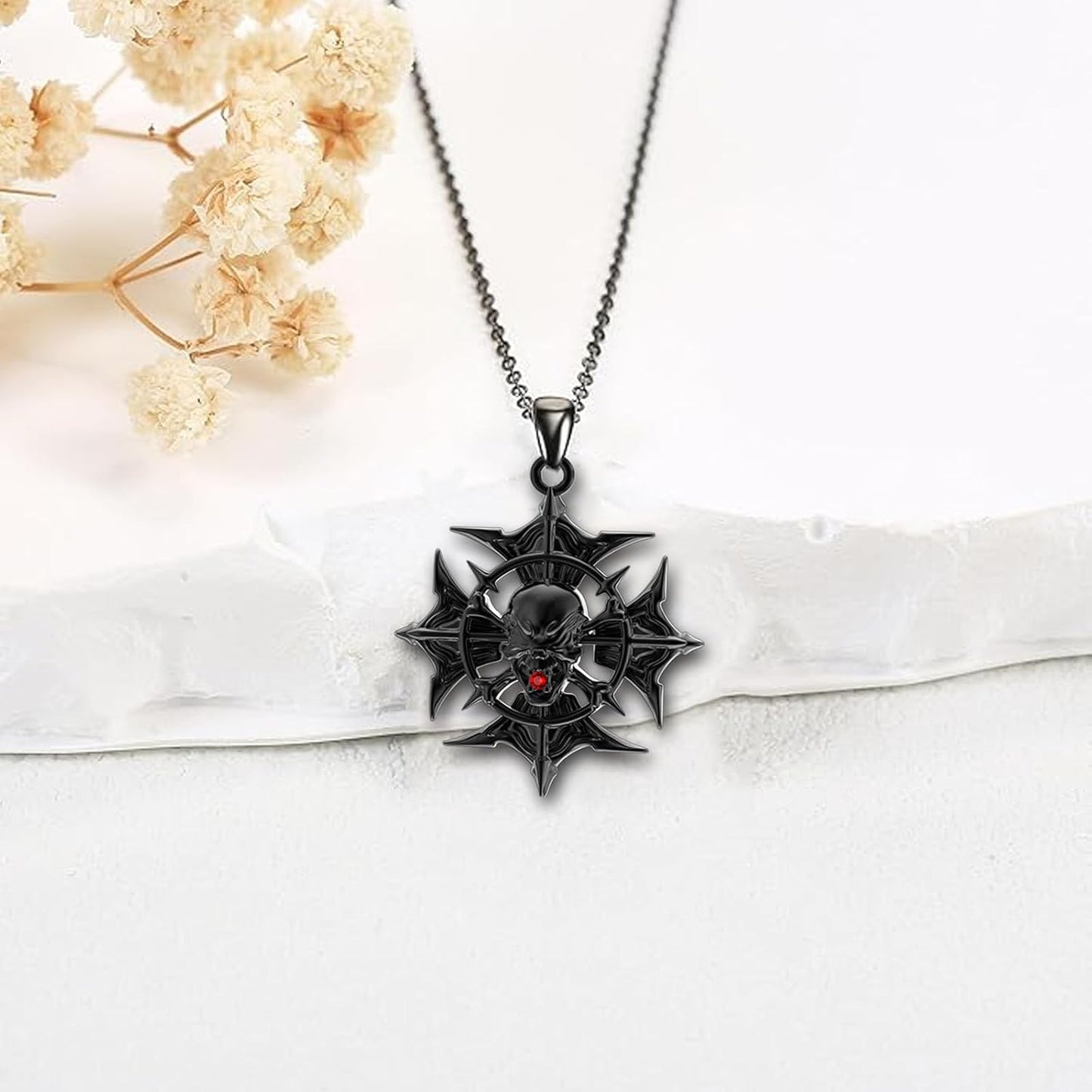 Reaii Skull Necklace, Sterling Silver, Garnet