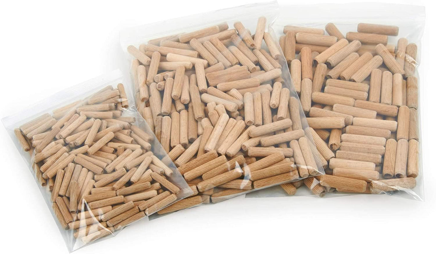 ALBO Wooden Dowel Pins 100 Pack Assorted Sizes 1/2 + 3/8 + 5/16 + 1/4 inch Fluted Wood Dowels Rods Hardwood Crafts Dowel Pegs