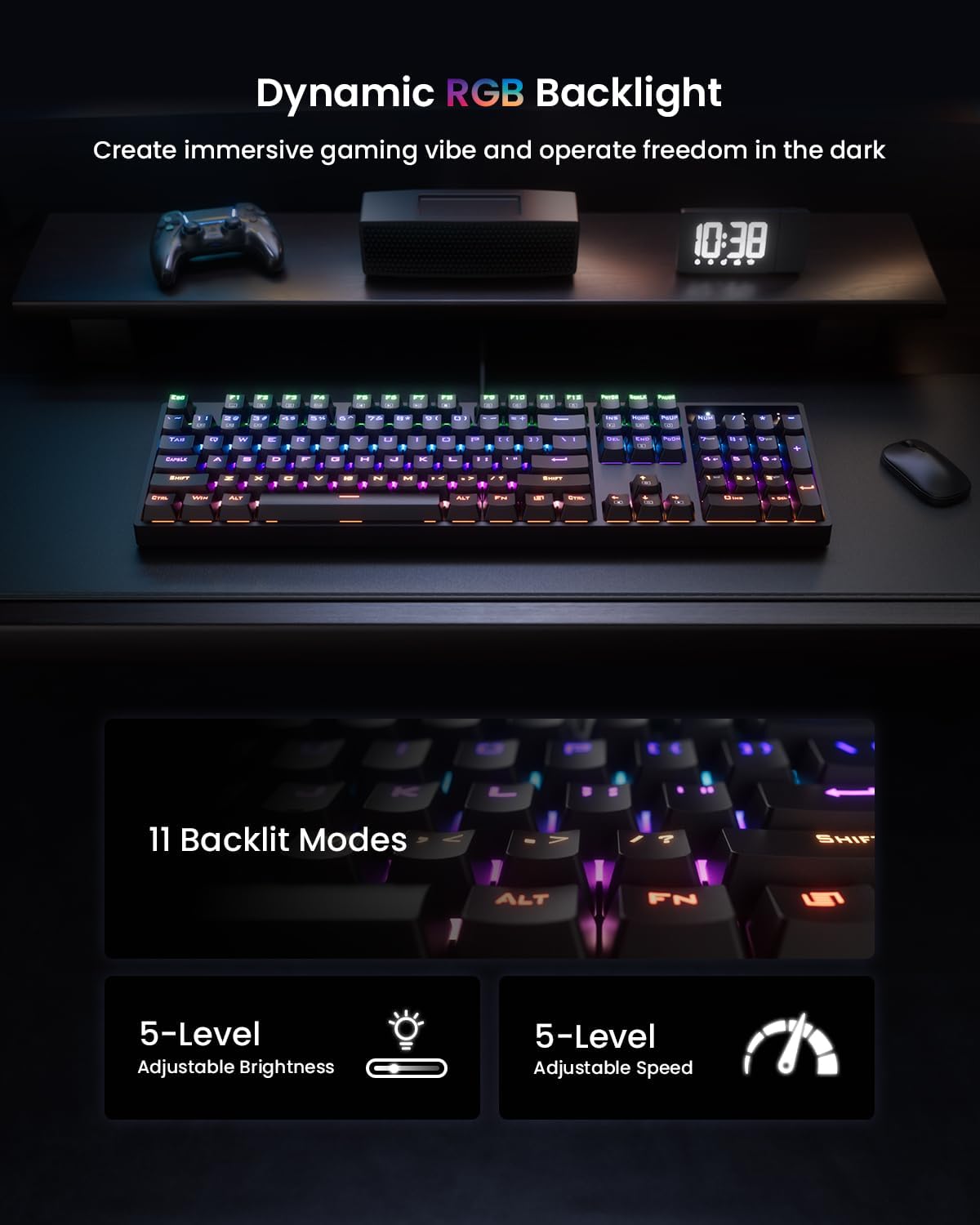 RGB Mechanical Gaming Keyboard Blue Switch, 104 Keys Full-Size Light Up Keyboard with 11 Backlit Modes, Anti-Ghosting, Double-Shot ABS Keycaps, USB Wired Computer Keyboard for Windows PC Gamer