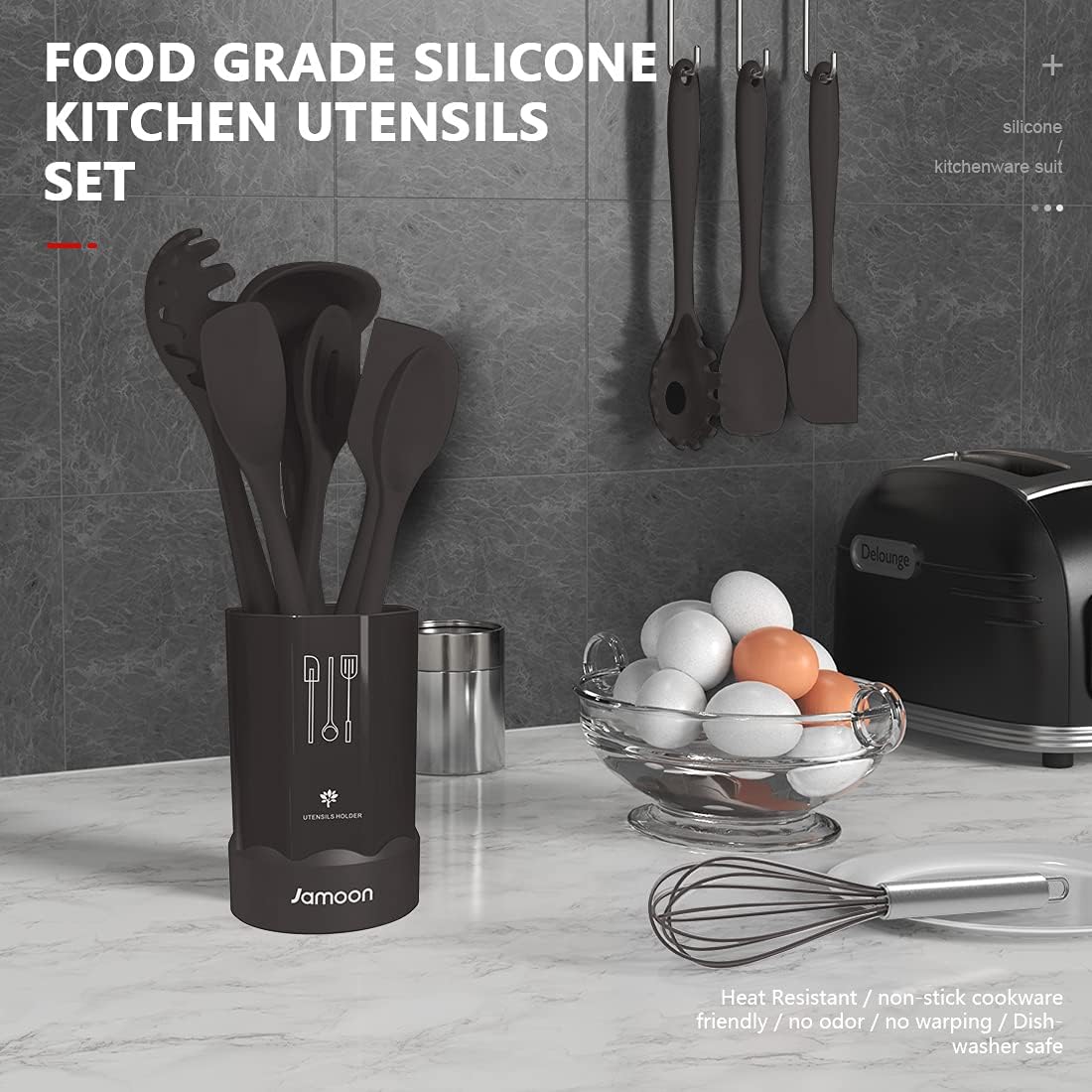 16-Piece Silicone Cooking Utensils Set, Heat-Resistant Kitchen Tools for Nonstick Cookware, Dishwasher Safe BPA-Free (Gray) - PuriLite