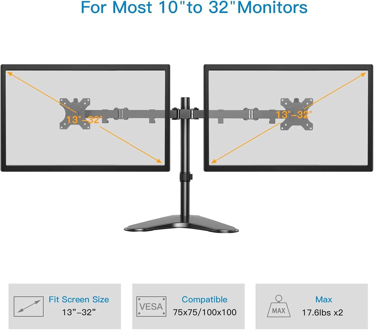 HUANUO Dual Monitor Stand for 13 to 32 Inch Screens, Free Standing Monitor Arm for 2 Screens Holds up to 17.6lbs, Fully Adjustable Dual Monitor Mount with Tilt, Swivel, Rotation, Max VESA 100x100 mm