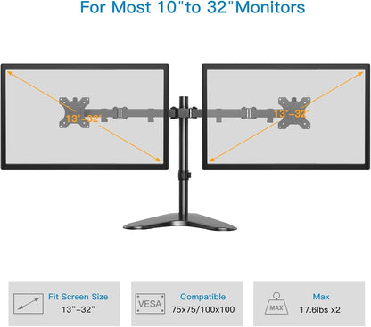 HUANUO Dual Monitor Stand for 13 to 32 Inch Screens, Free Standing Monitor Arm for 2 Screens Holds up to 17.6lbs, Fully Adjustable Dual Monitor Mount with Tilt, Swivel, Rotation, Max VESA 100x100 mm