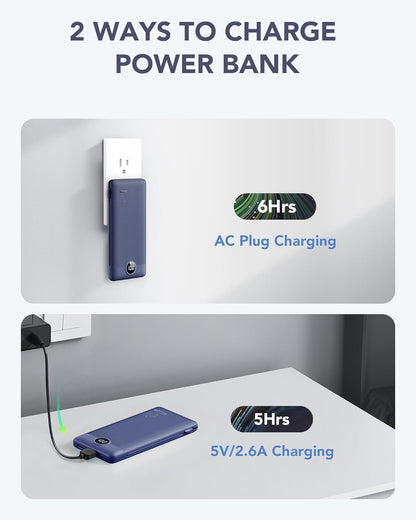 Portable Charger Built-in Cables and AC Wall Plug, VRURC USB C Power Bank 10000mAh, [2025 Upgraded Version] Phone Charger Compact Lightweight External Battery Pack for Smart Phones,Navy Blue