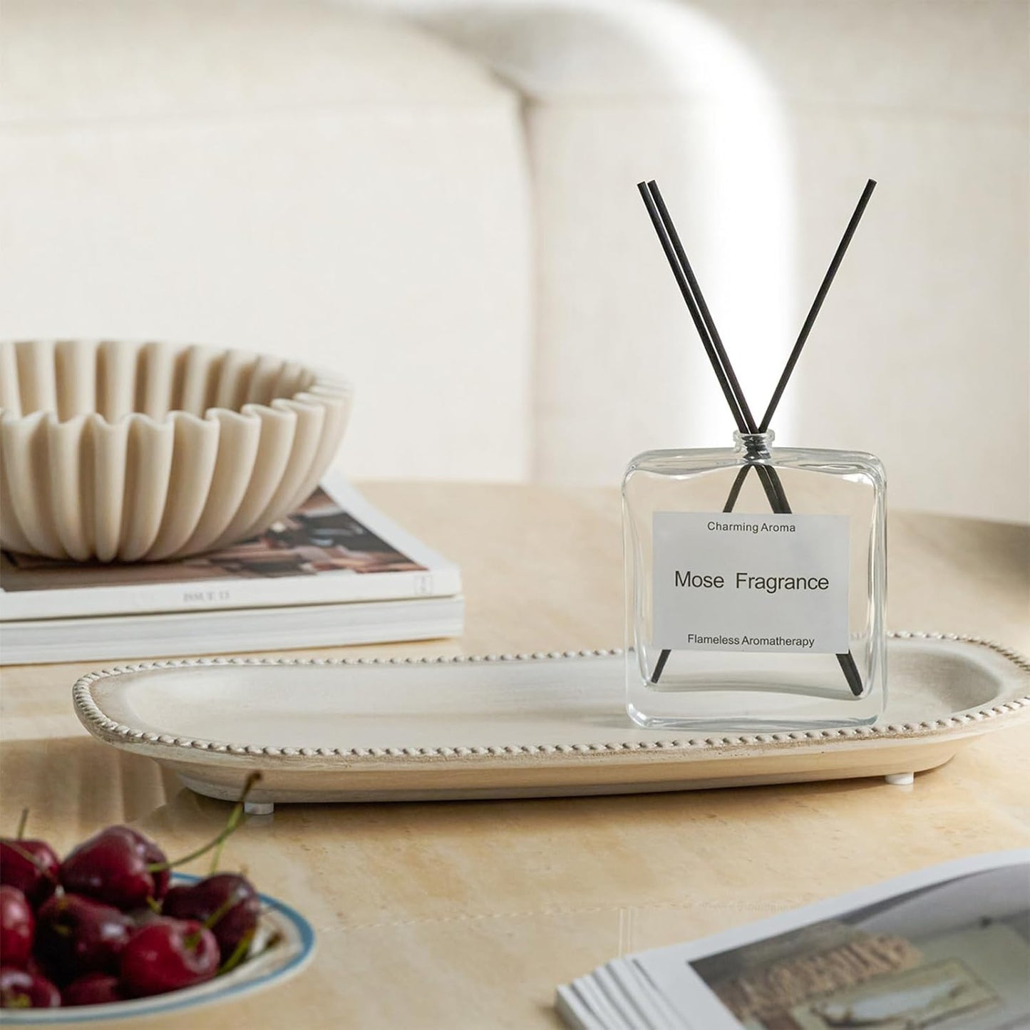 White Oval Decorative Tray for Farmhouse Home Decor – Beaded Wood Vanity and Coffee Table Tray for Jewelry, Perfume, Bathroom and Kitchen Counter Styling - PuriLite