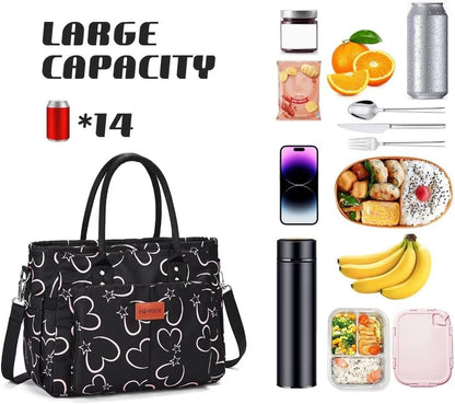 Lunch Bag for Women, Insulated Lunch Box for Work, Large Leakproof Cooler Purse with Side Pockets & Removable Shoulder Strap Women's Lunch Tote Bag for Picnic Work Beach Cute Lunch Bags (Heart)