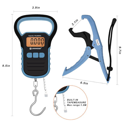 UNIWEIGH Digital Fish Scale Luggage Scale with Fish Lip Gripper, Backlight LCD Display 110lb/50kg Electronic Balance Digital Fishing Postal Hanging Hook Luggage Scale 2 AAA Batteries Included