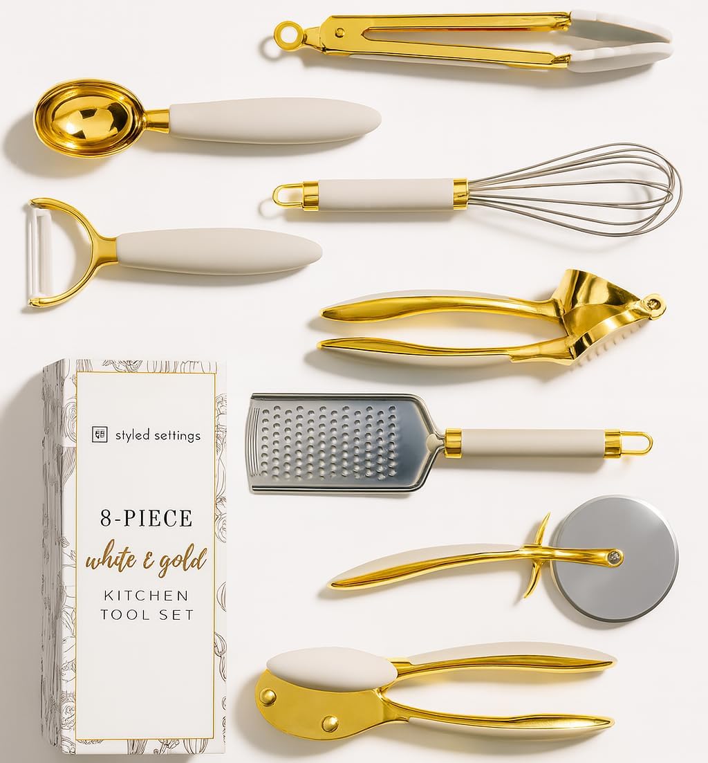 White & Gold 8-Piece Kitchen Utensils Set – Stylish Silicone and Stainless Steel Cooking Gadgets, Can Opener, Tongs, Garlic Press, Whisk & More, Elegant Kitchen Accessories for Modern Homes - PuriLite