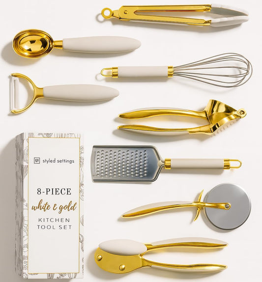 White & Gold 8-Piece Kitchen Utensils Set – Stylish Silicone and Stainless Steel Cooking Gadgets, Can Opener, Tongs, Garlic Press, Whisk & More, Elegant Kitchen Accessories for Modern Homes - PuriLite
