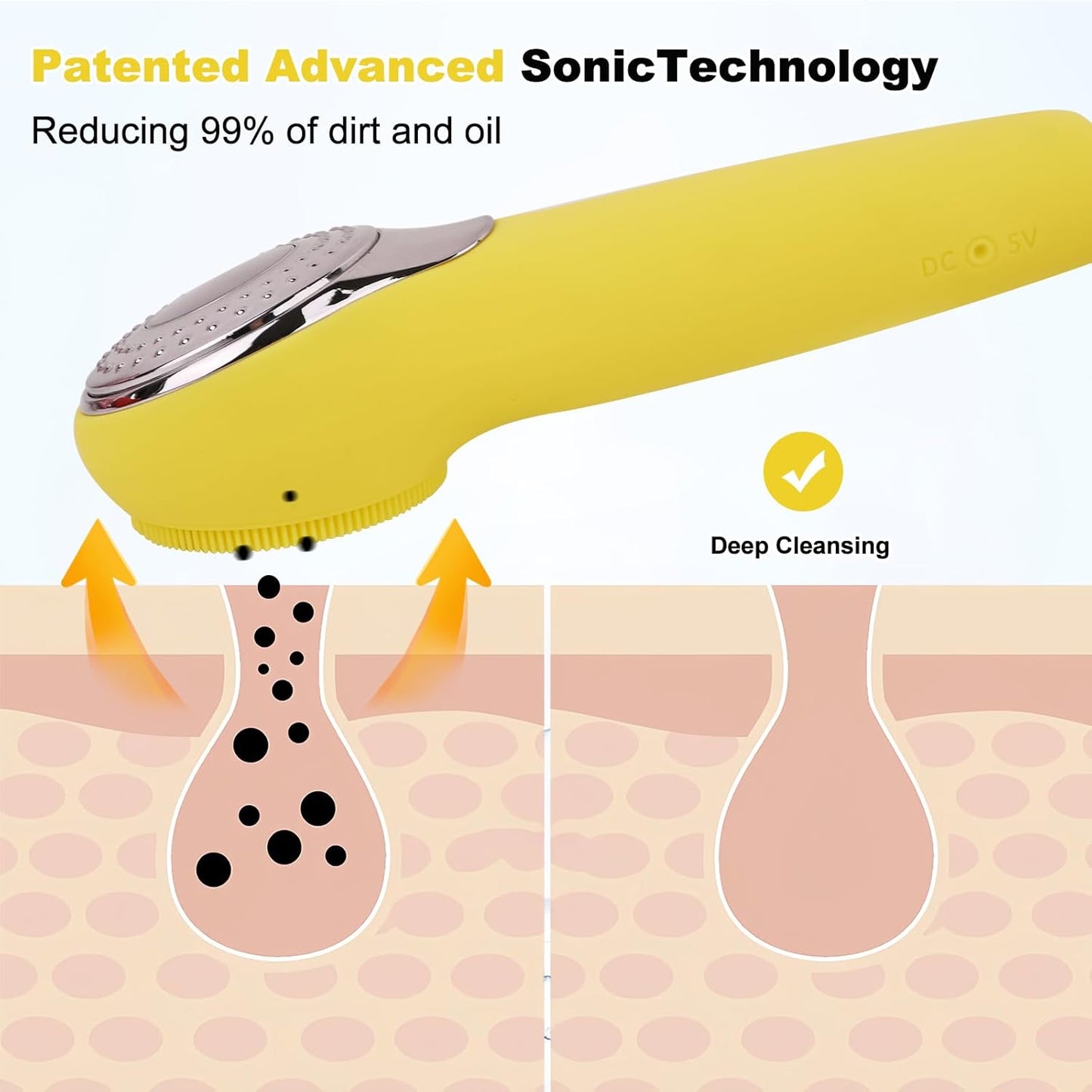 Ancaedhy 3 in 1 Facial Cleansing Brush, 5 Levels Deep Cleansing, Electric Face Scrubber for Men and Women, USB Rechargeable, IPX7 Waterproof, Yellow Silicone Face and Nose Scrubber