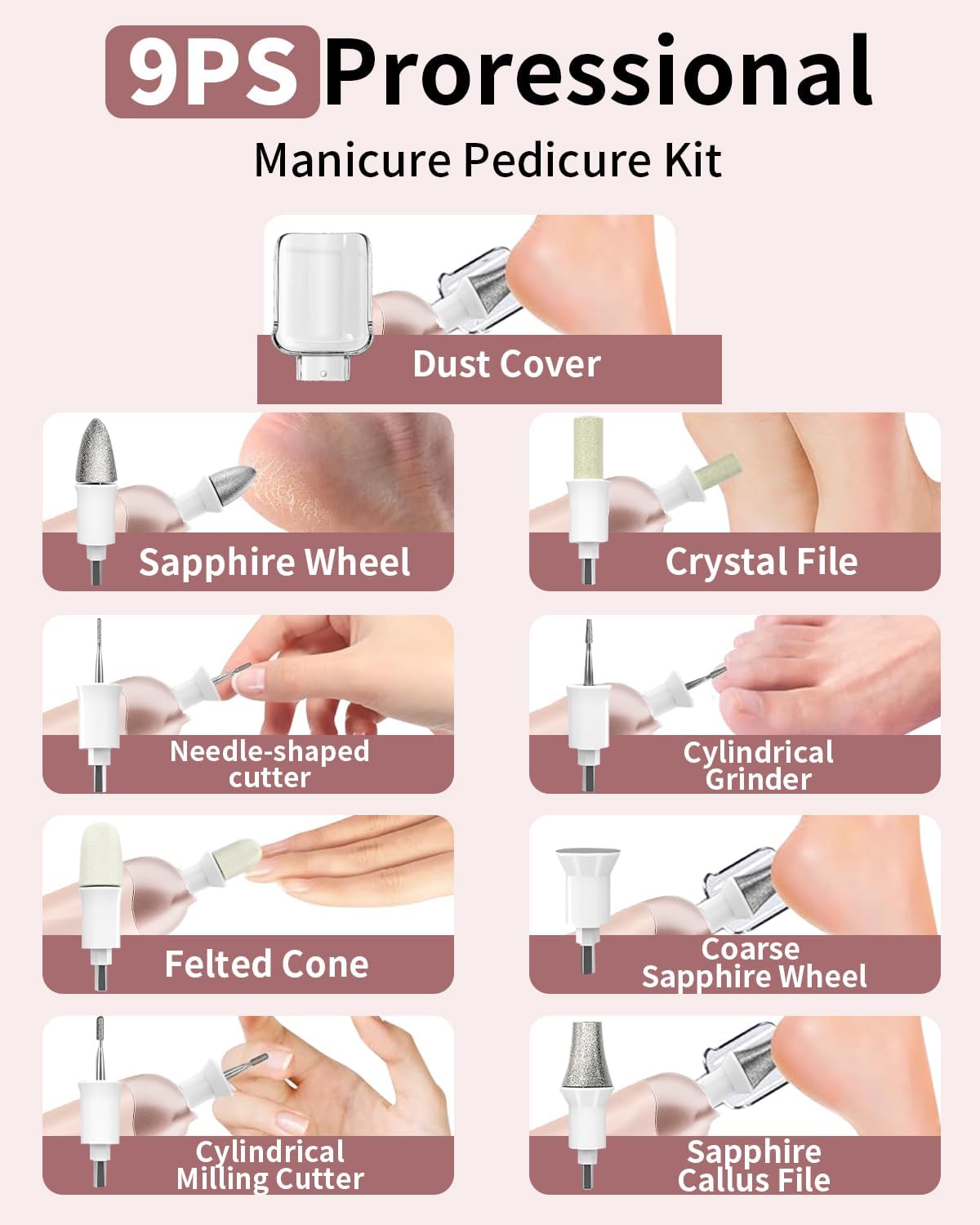 Professional Manicure Pedicure Kit, Cordless Electric Nail File Set, Rechargeable Pedicure Tools for feet, 5 Speeds Hand Foot Care Nail Drill for Thick Nail Toenail Cuticle Women Men Baby Pets