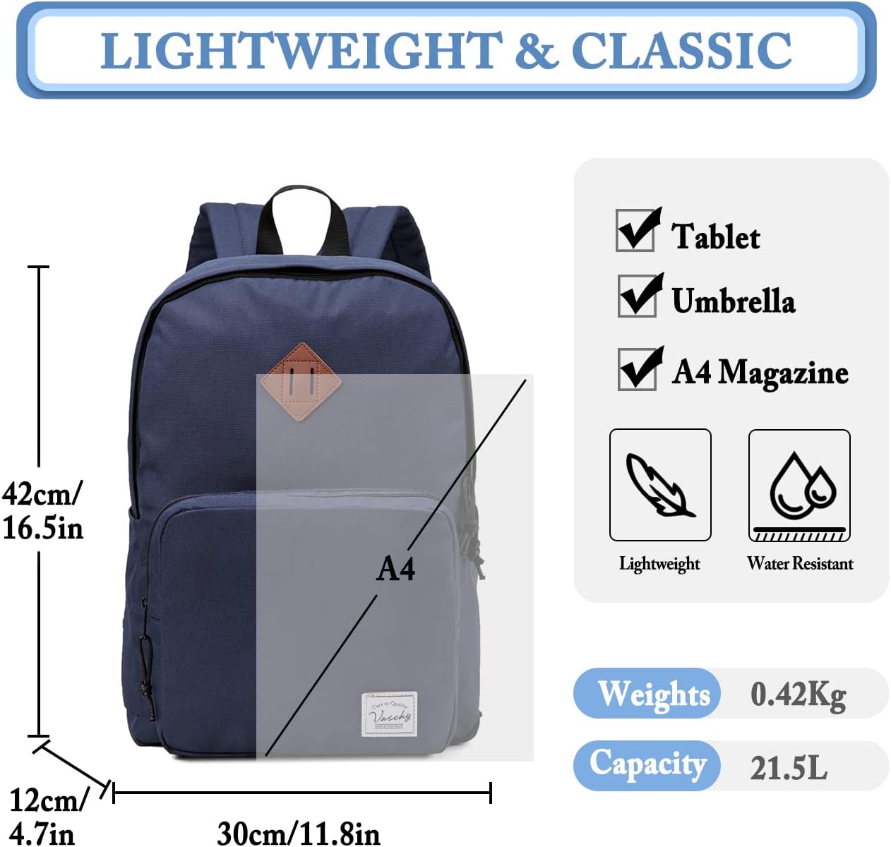 VASCHY Lightweight School Backpack for Women with Sleeve for 14" Laptop