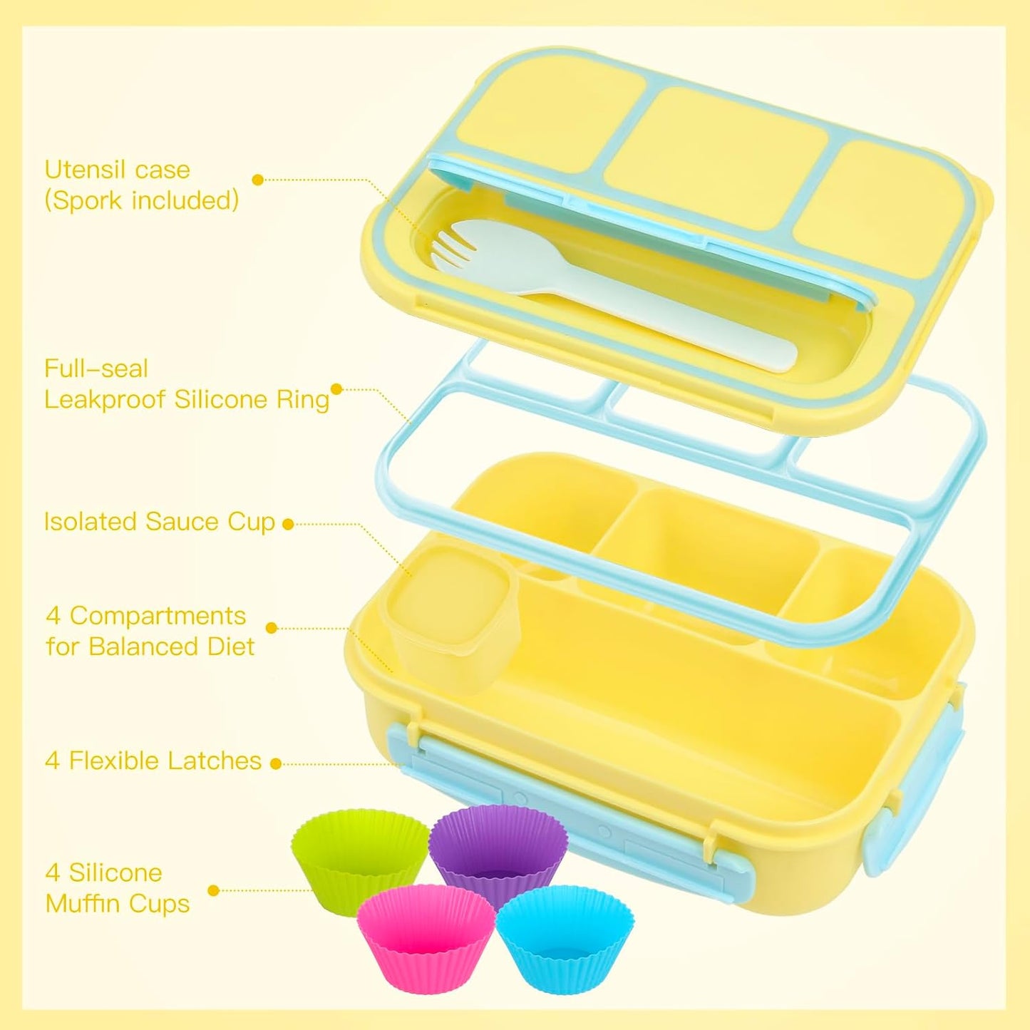 MaMix Bento Lunch Box Adult, Kids, Lunch Containers for Adults/Kids/Students,1300ML-4 Compartment (Blue)