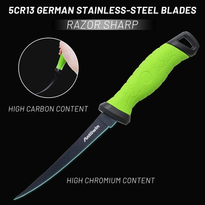 8 Inch Fishing Fillet Knife, Professional Level Knives for Filleting Fish and Boning Meat, Sharp Stainless-Steel Non-Stick Coating Blade, Non-Slip Handles, with 1 Two Stage Knife Sharpener