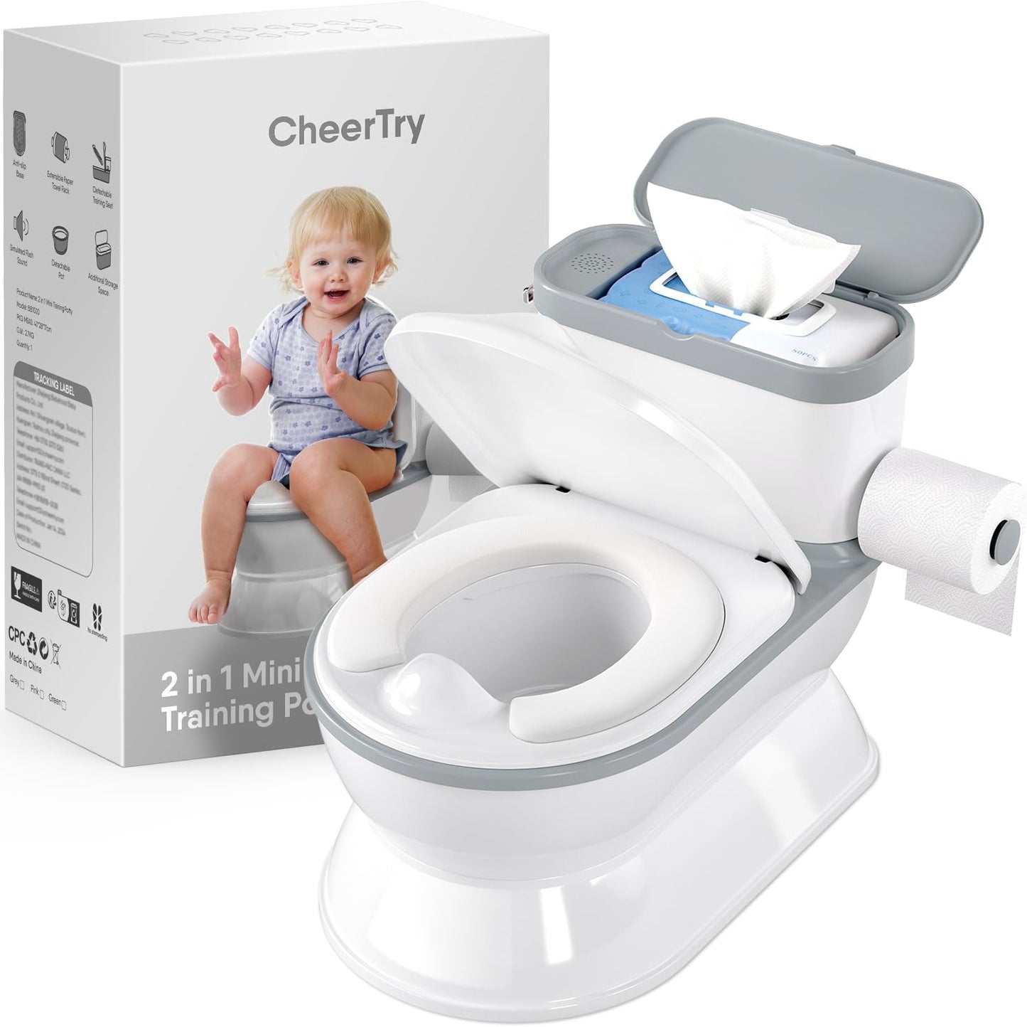 CheerTry Toddler Potty Training Toilet, Larger Potty Chair, Detachable Seat Suitable for Boys & Girls Ages 1-3, with Flushing Sound, Wipes Storage, Toilet Lid & Toilet Paper Holder - Pink