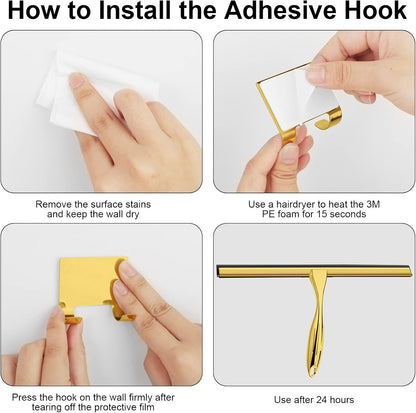 14 Inch Shower Squeegee Stainless Steel with Shower Door Hook and Adhesive Hook Glass Squeegee Bathroom for Doors, Bathroom, Windows, Kitchen, Mirror with Spare Silicone Blade 2 Hooks