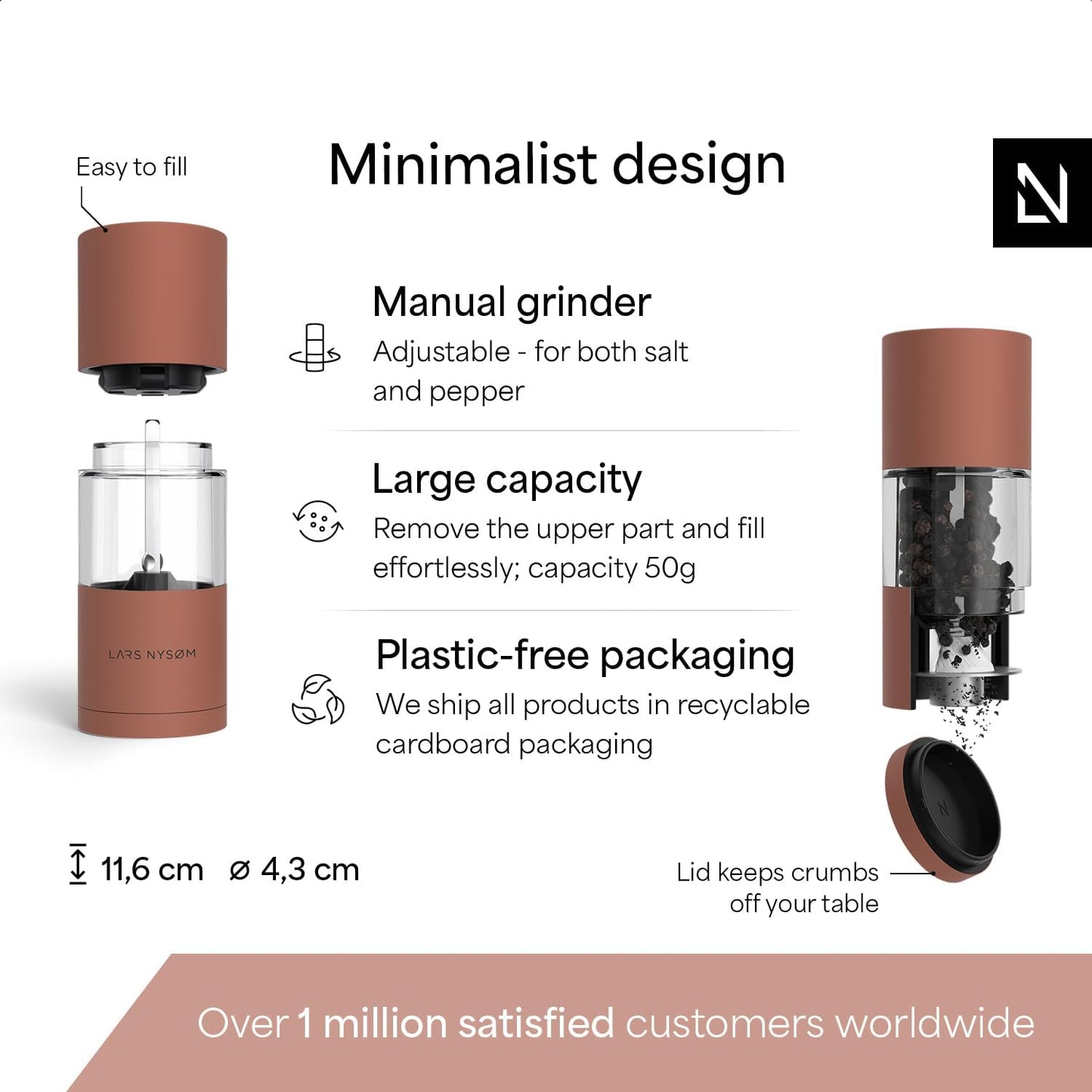 LARS NYSØM Salt and Pepper Grinder Set I Salt and Pepper Mills with Adjustable Ceramic Grinder 2 Pieces I Manual Design Spice Mill Set (Carbon Black)