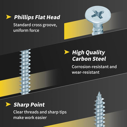 Wood Screws Assortment Kit, FIXLINK 240 PCS High Hardness Flat Head Wood Screws Set, Phillips Drive Screws, Contain 15PC Drywall Anchor and 8 Size (2-1/2”,2”,1-1/2”,1-1/4”,1”,3/4”,5/8”,1/2”), Black