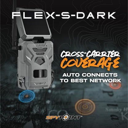 SPYPOINT Flex-S Dark Ultimate Pack Solar Outdoor Cellular Trail Camera - Integrated Solar Panel, No WiFi Needed, Night Vision Motion Activated, Dual-Sim LTE, 40MP Photos and 1080p w/Sound
