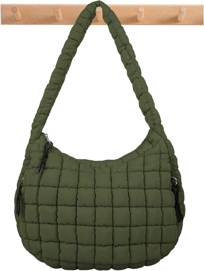 Quilted Puffer Tote Bag Large Crossbody Shoulder Bag with Zipper, Nylon Hobo Oversized Handbag