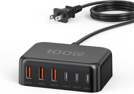 USB C Fast Charger Block, 100W GaN 6 Port Type USB C Charging Station Hub Block Cube, USB C Wall Charger Block for iPad iPhone 16 15 14 13 12 11 Pro Max Pixel Note Galaxy, 5ft Cord