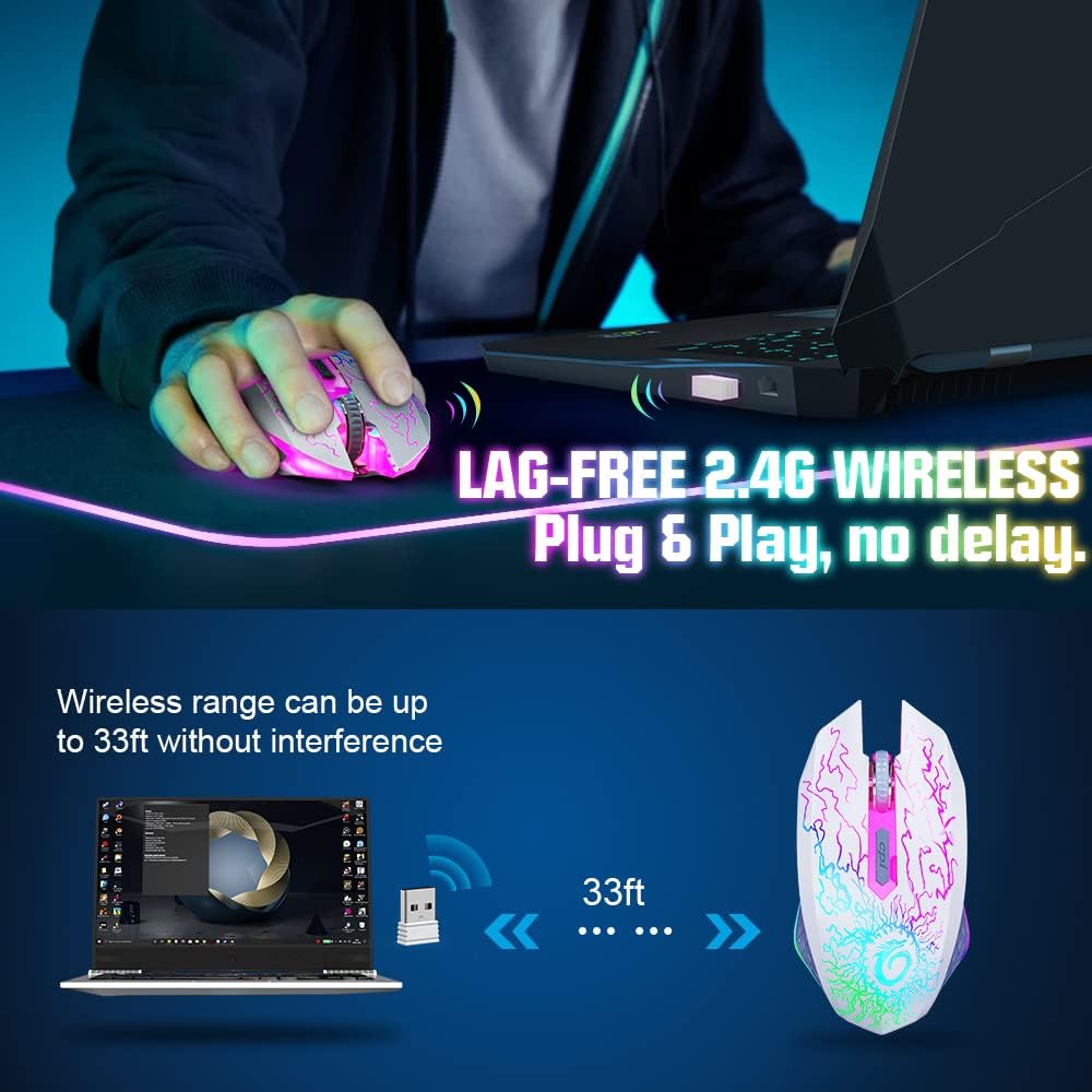 Wireless Rechargeable Gaming Mouse with Silent Click RGB Lighting 3-Level DPI 2.4G USB Receiver - PuriLite