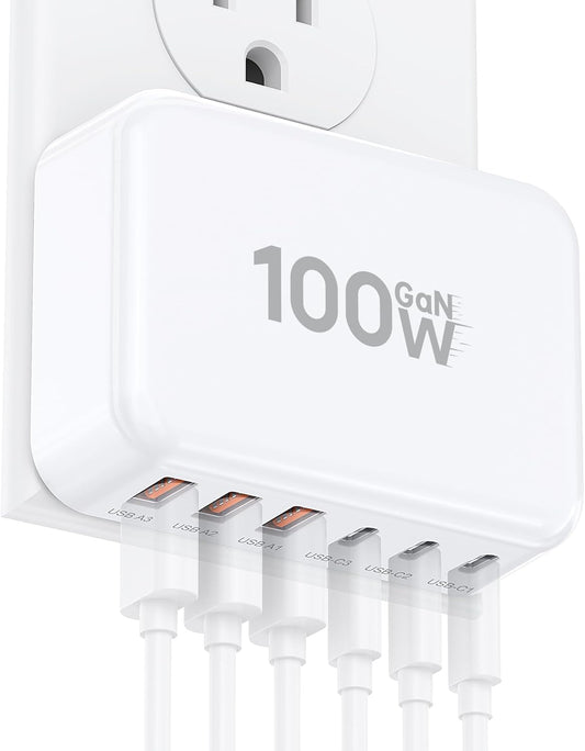 USB Charger Block, GaN 6 Port USB C Charging Station Hub Cube, 100W Multiport Type C Wall Charger Power Strip Plug with PD 3.0+QC for iPhone 16 15 14 13 12 1 Pro Max XR XS 8 7, Samsung, Table