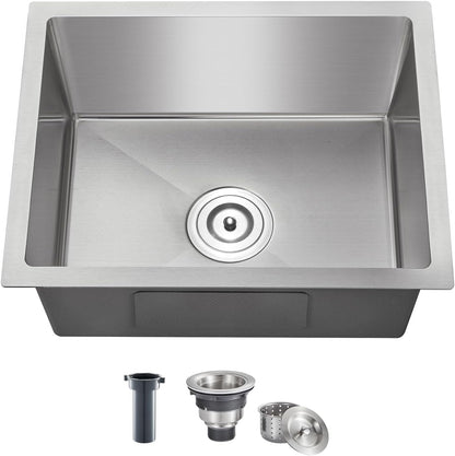 MENATT 20-inch Undermount Kitchen Sink, SUS304 Stainless Steel Handmade Single Bowl Kitchen Sink with Sink Strainer (Brushed), 20"x16"x9"