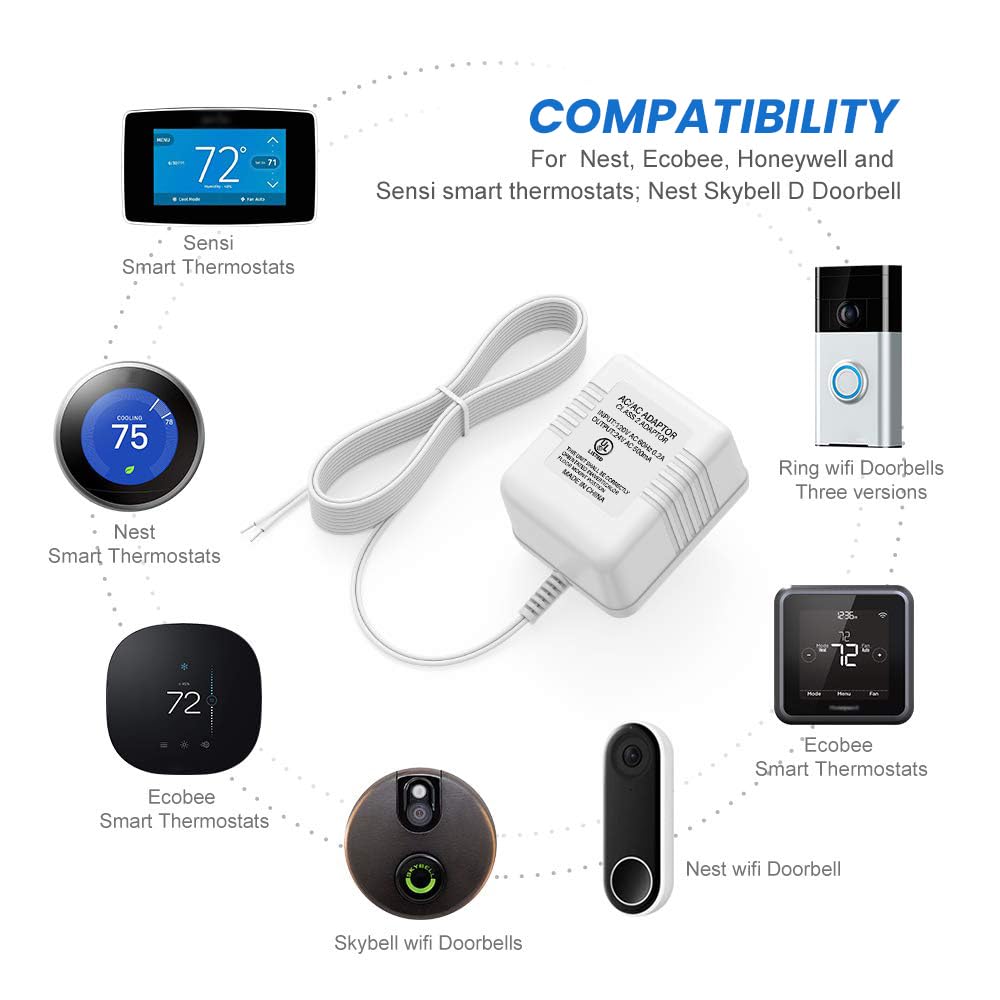 Xwartre Doorbell Transformer 24V Power Supply Compatible with Nest, Arlo, Ring, Amcrest, Logitech and Other Doorbells, Thermostats C Wire (7.9m Power Cable)