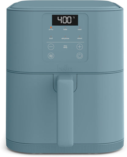 bella 4Qt Slim Air Fryer, Fits-anywhere Kitchenware, EverGood Ceramic Nonstick Coating, Adjustable Temperature, 6 Preset Cooking Options, 60 Min Auto Shutoff w Audible Tone, 3.3lb Capacity, Surf