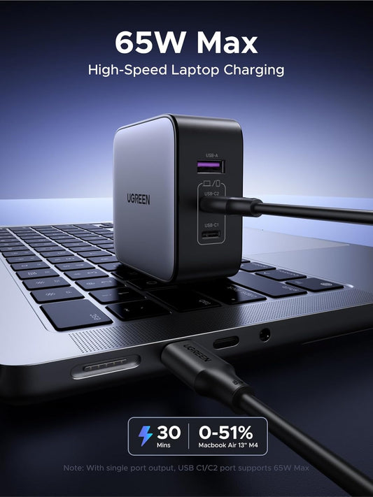 UGREEN Nexode 65W USB C Charger GaN Universal Travel 3 Ports, US/UK/EU Plug Compatible with MacBook Pro/Air, Dell XPS, iPhone 15/14, iPad, Galaxy S23 S22, Steam Deck - PuriLite