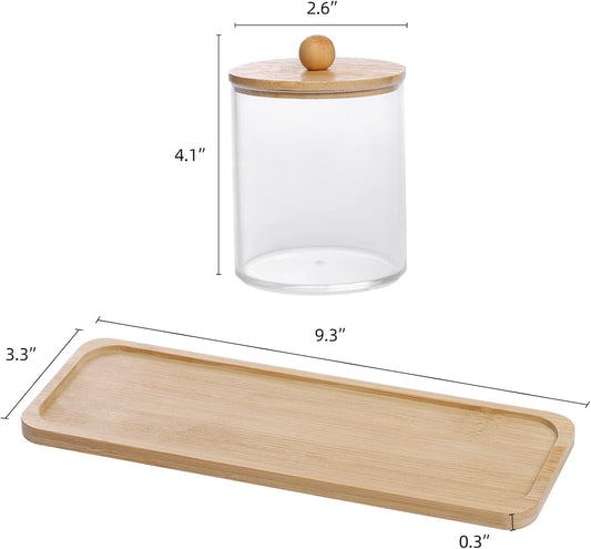 Clear Cotton Swab and Pad Holder Set with Wooden Lids and Vanity Tray, Apothecary Bathroom Storage Containers, 3 Pack - PuriLite