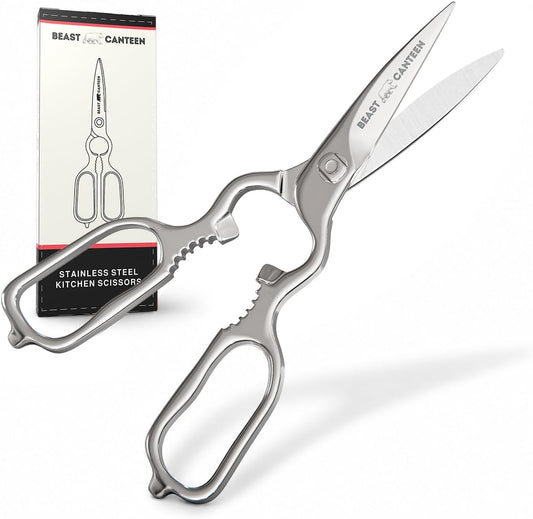 Kitchen Scissors – All Steel, Come-Apart, Dishwasher Safe | Heavy-duty 3Cr14 steel shears. Serrated edge cuts poultry, herbs & seafood. 5-in-1 multi-tool. Opens bottles & cans.