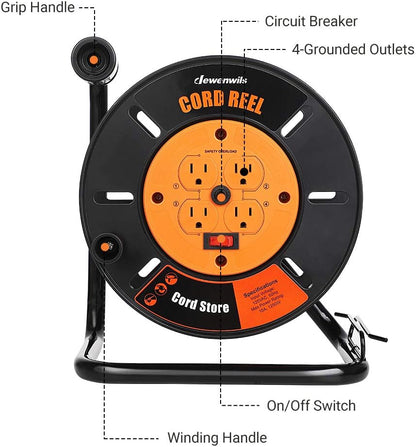 DEWENWILS Extension Cord Storage Reel with 4-Grounded Outlets, Heavy Duty Open Cord Reel for 12/3,14/3,16/3 Gauge Power Cord, Hand Wind Retractable, 10A Circuit Breaker, Rocker Power Switch