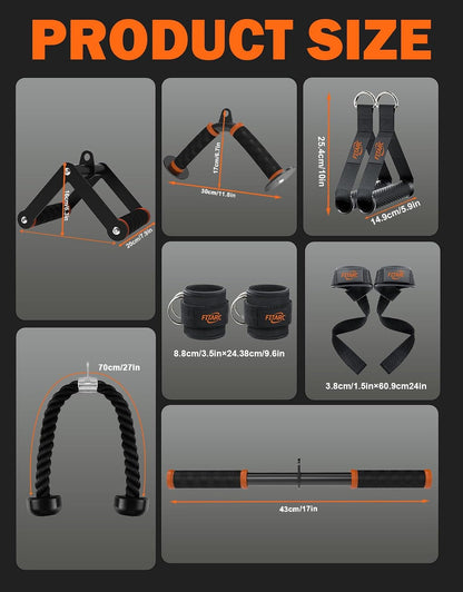 Fitarc Cable Machine Attachment Set for Home Gym, LAT Pulldown & Tricep Pushdown Attachments with D Handle, V Bar, Tricep Rope, Straight Bar, Stirrup Handles, Ankle Strap & Lifting Straps
