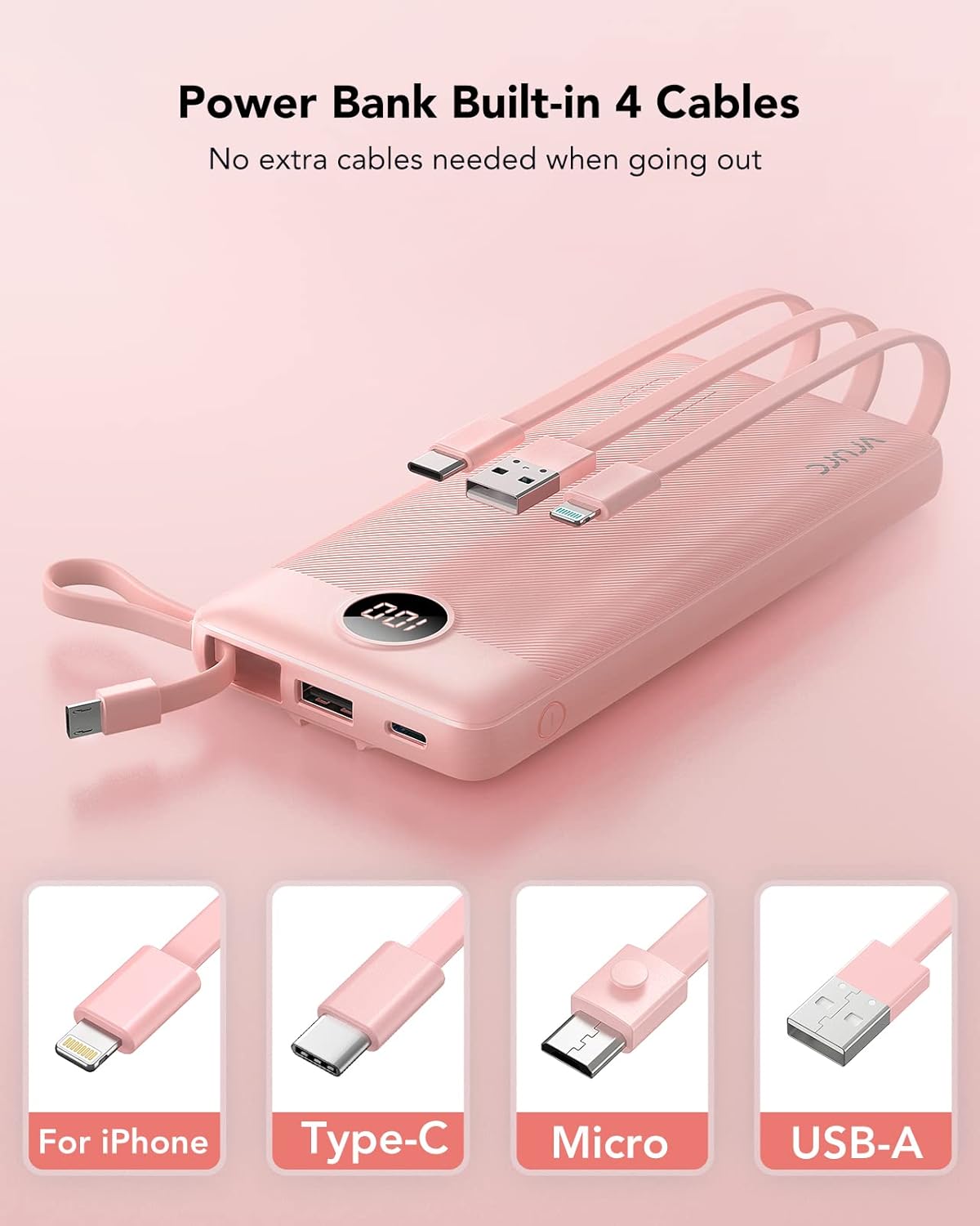 VRURC 10000mAh Power Bank Built-in Cables, Portable Charger with LED Display, Slim Intelligent Travel Battery Pack with Cords, 5 Output Dual Input Phone Charger for Cell Phone Smart Devcies-Blue