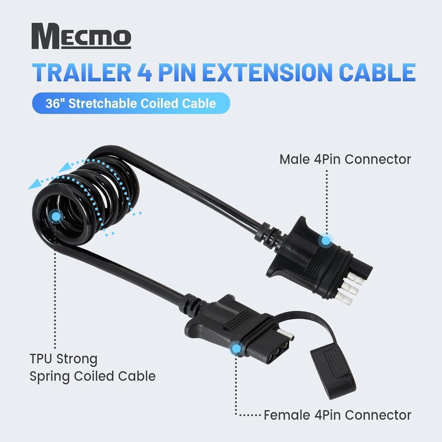 MECMO 3ft 4-Pin Flat Trailer Extension Coiled Cable 4 Pin Male and Female Wiring Harness Adapter, Trailer Wire Extension 4-Way Vehicle-Side and Trailer-Side 4 Prong Connector Extender Cord 3 Feet 36''