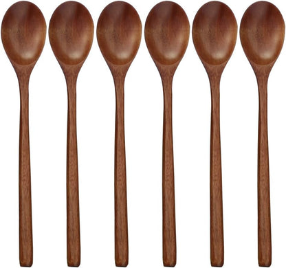 Wooden Spoons, 6 Pieces 9 Inch Wood Soup Spoons for Eating Mixing Stirring, Long Handle Spoon with Japanese Style Kitchen Utensil, ADLORYEA Eco Friendly Table Spoon